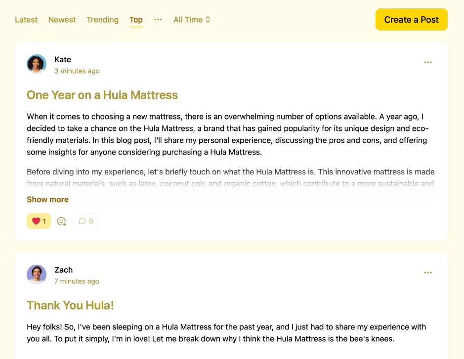 A screenshot of a community for a bedding company called Hula, in which a member has posted a positive review of their Hula mattress.