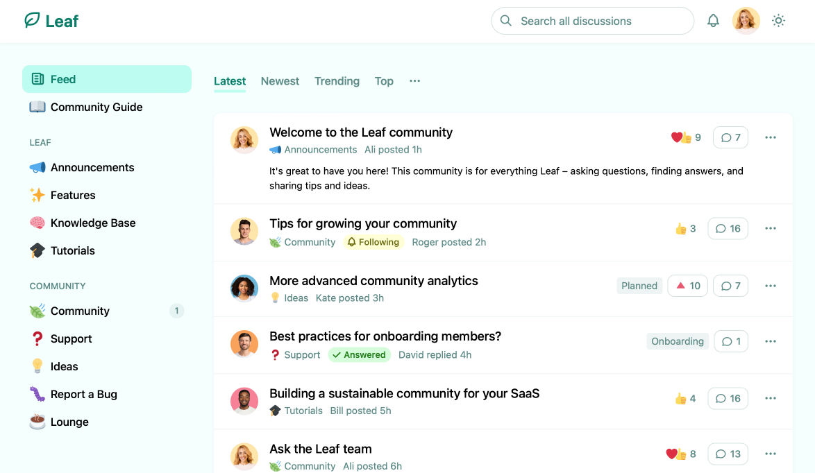 A screenshot of the homepage a Waterhole-powered community called Leaf. On the left is a navigation bar showing the different sections of the community, and on the right a list of discussion topics.